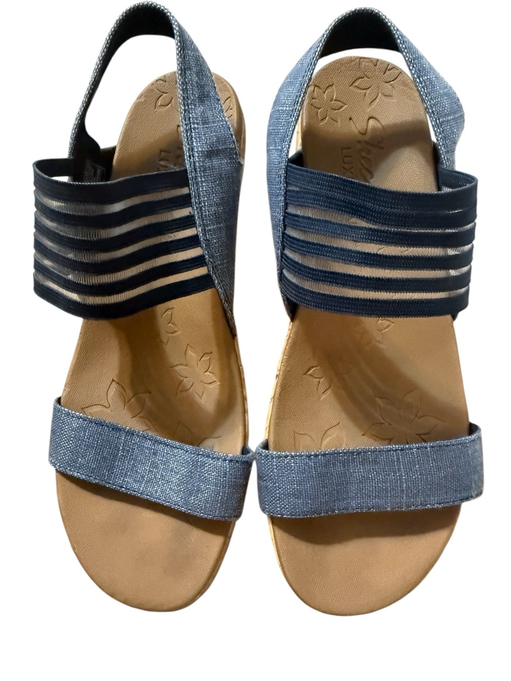 Skechers Cali Beverlee Smitten Kitten Denim Style Strappy Cork Wedge Shoe Size 8